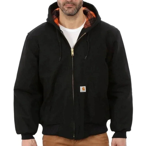 Carhartt Hooded Duck Jacket XL Black Huntsman Quilted Lined Blaze Orange Plaid - Picture 2 of 9